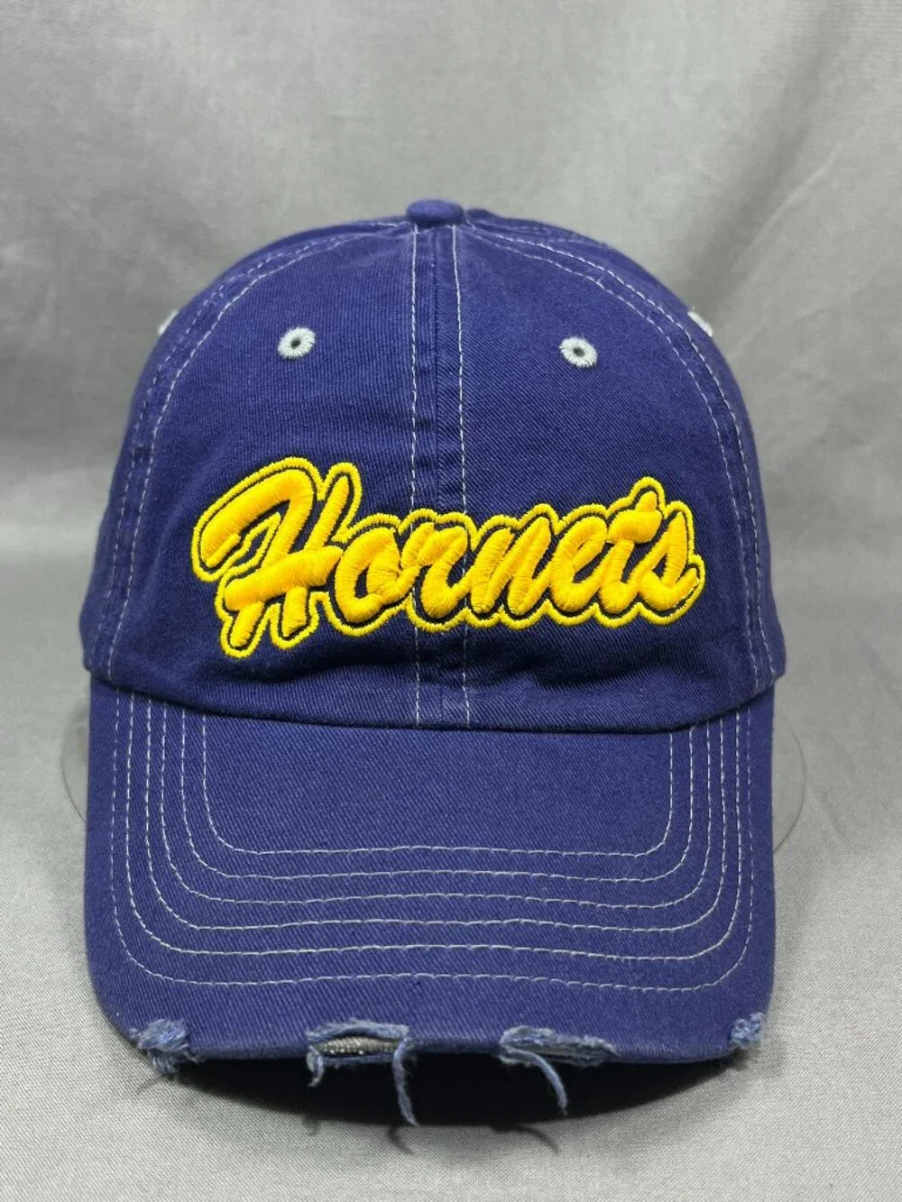 My Town Originals Hornets Hat Blue Yellow Distressed Script Adjustable Dad Cap